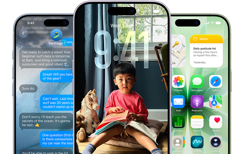 iPhone 17 devices, front exterior, colors: mist blue, lavender, sage, iOS features - Background with messages, Liquid Glass showing the Lock Screen and Home Screen with various apps displayed