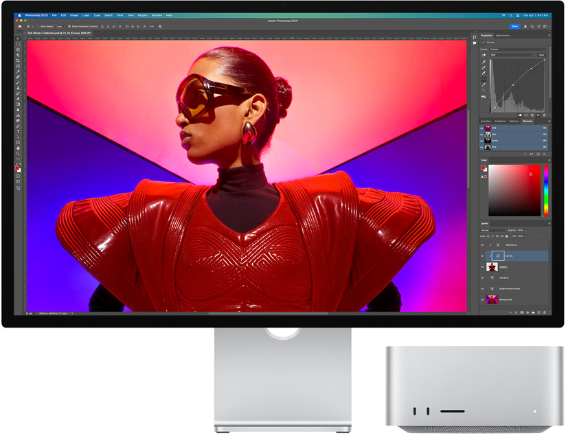 Studio Display and Mac Studio shown together using Adobe Photoshop
