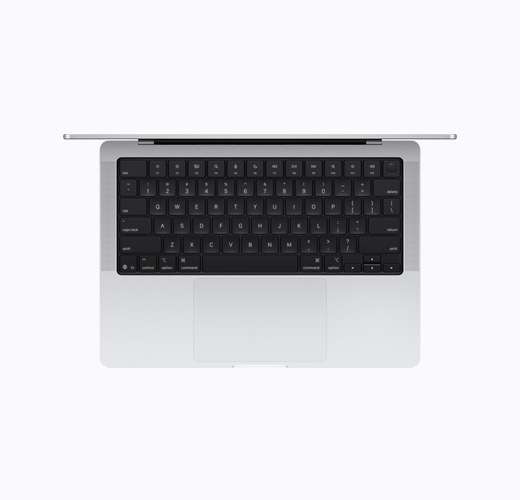 MacBook สีเงิน ตัวเครื่องภายในด้านบน ขณะเปิดอยู่