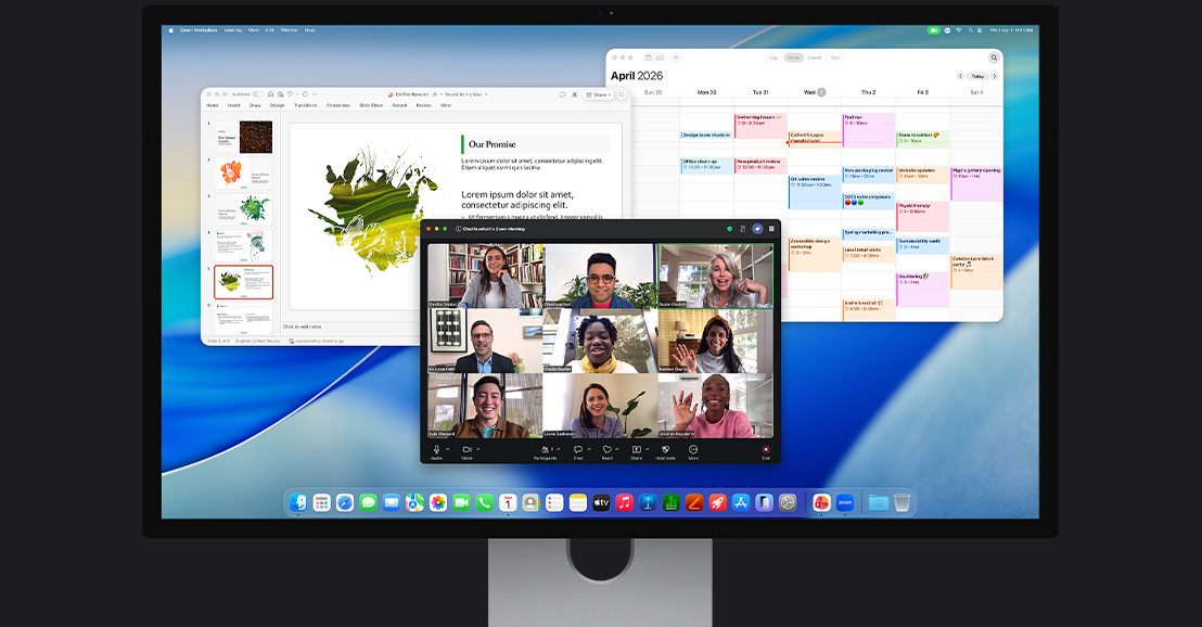 iMac, หน้าจอแสดงการวิดีโอคอลผ่านแอป Zoom ที่มีผู้เข้าร่วมหลายคน, ปฏิทิน และงานนำเสนอเปิดอยู่ในเบื้องหลัง