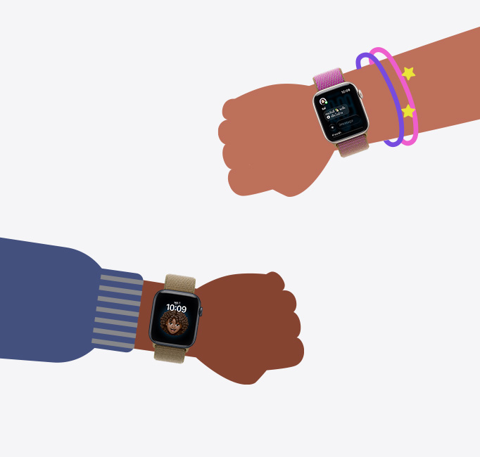 Apple Watch For Your Kids, cartoon illustrations of kids' wrists wearing Apple Watch SE 3 devices