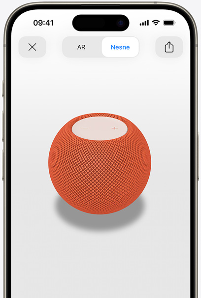 AR görünümünde, bir iPhone’un ekranında Turuncu renkte HomePod.