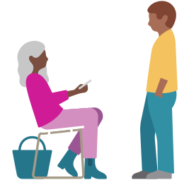 En kvinde sidder på en stol med en iPhone, der udsender lydbølger, mens en mand står foran hende og lytter