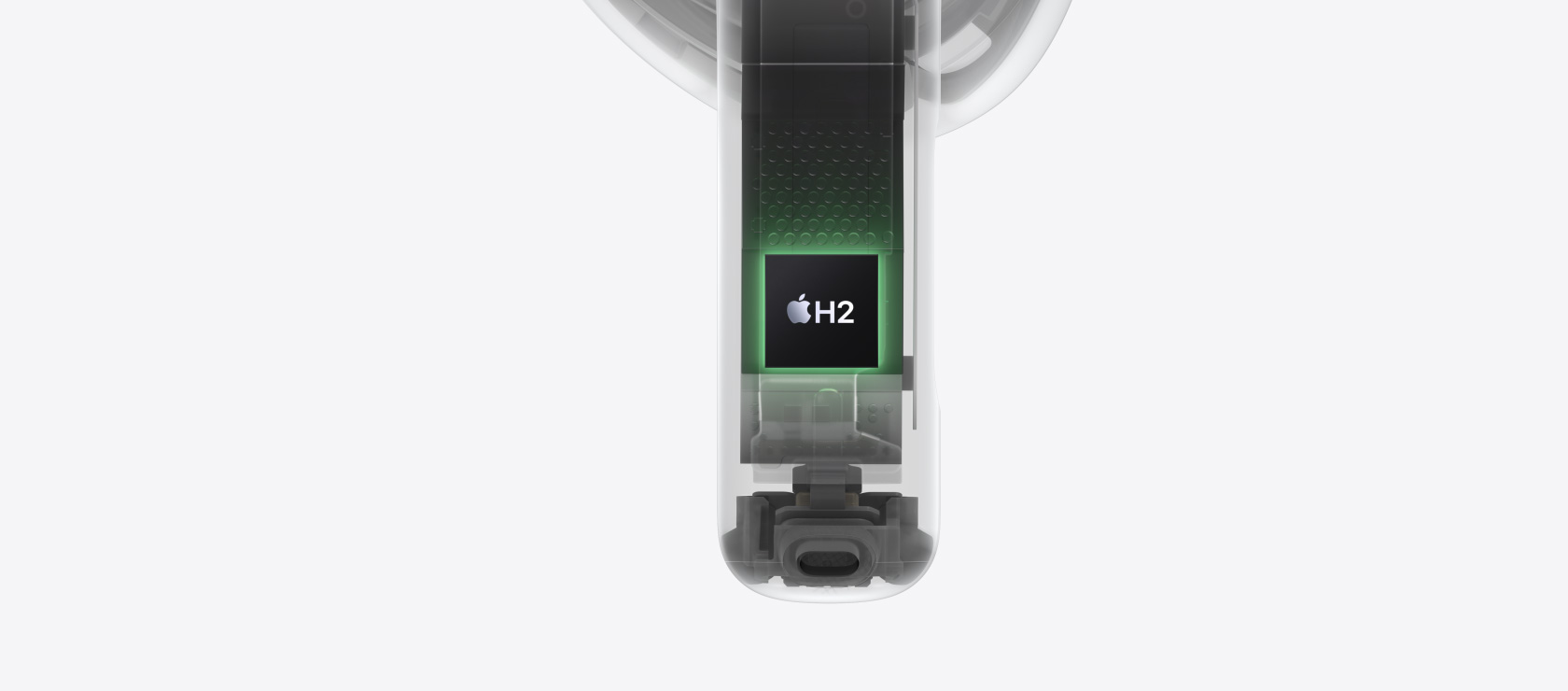 AirPods 5:n sisäinen rakenne, H2-siru korostettuna varren sisällä.