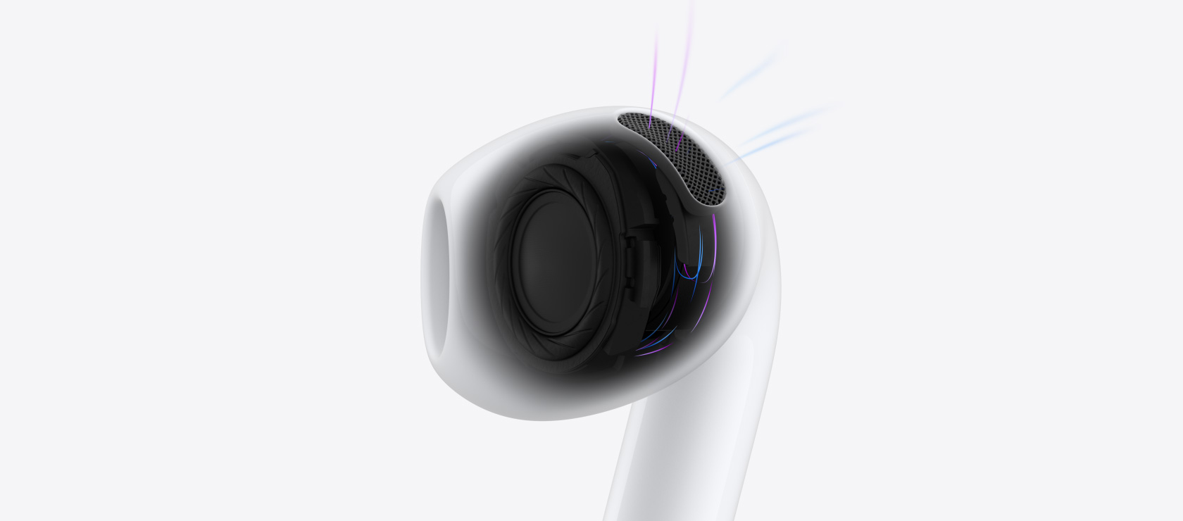 AirPods 5:n sisäinen rakenne, siniset viivat ilmaisevat, että ilma ja ääni kulkevat kuulokkeen läpi.