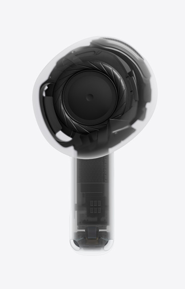 AirPods 5 -kuuloke, yksi varsi, läpinäkyvä, sisäinen rakenne