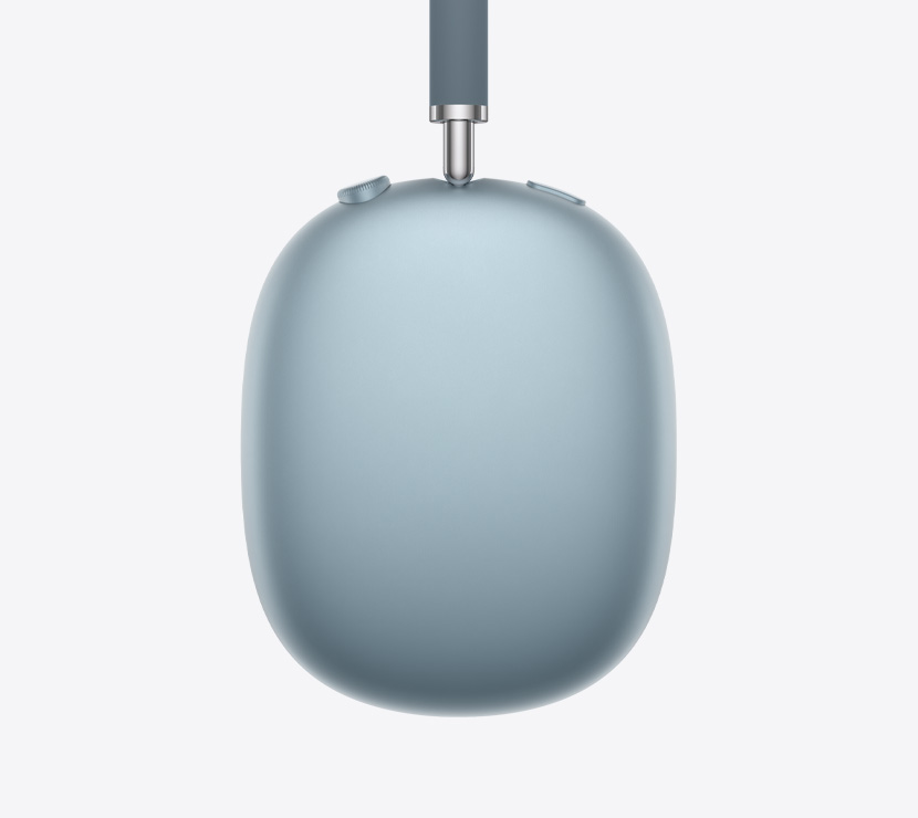 Ausinės „AirPods Max 2“, šoninė išorinė pusė, mėlynos spalvos, teleskopinės rankenėlės detalė, pagalvėlė, „Digital Crown“ ir triukšmo valdymo mygtukas