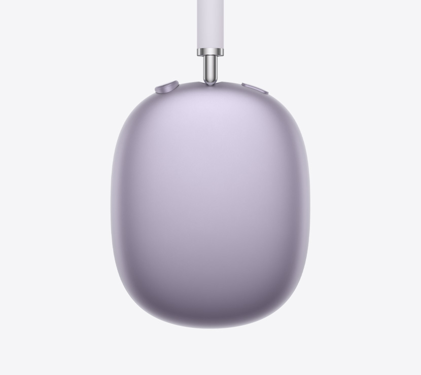 Ausinės „AirPods Max 2“, šoninė išorinė pusė, violetinės spalvos, teleskopinės rankenėlės detalė, pagalvėlė, „Digital Crown“ ir triukšmo valdymo mygtukas