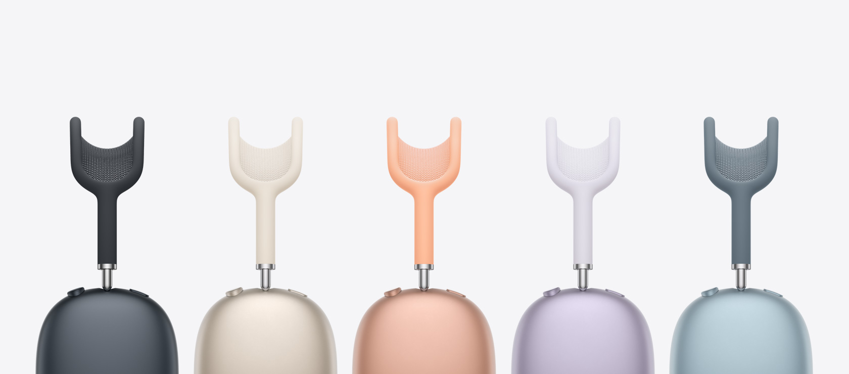Kelios ausinės „AirPods Max 2“, šoninė išorinė pusė, rodomos galimos spalvos