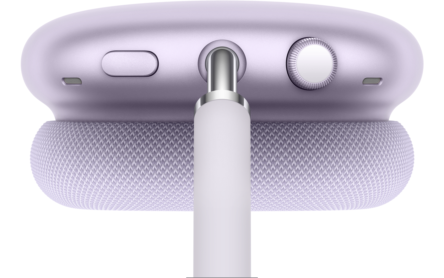 Violetinės spalvos ausinės „AirPods Max 2“, triukšmo valdymo mygtuko detalė ir skaidrumo režimas