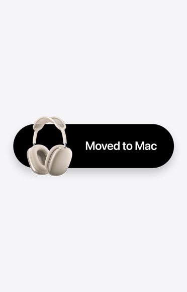 Žvaigždžių šviesos spalvos „AirPods Max 2“ ir žodžiai „Moved to Mac“, kurie iliustruoja automatinio perjungimo funkciją