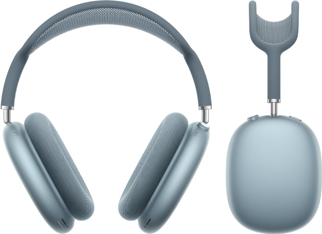 Kék AirPods Max 2 elölnézeti és oldalnézeti képe