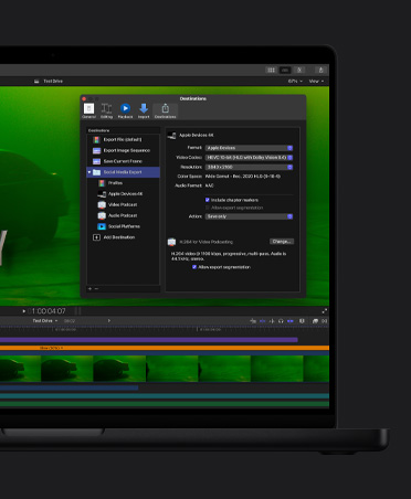MacBook Pro 16 screen showing a car in green moody lighting, video clips at the bottom of screen, export file window open