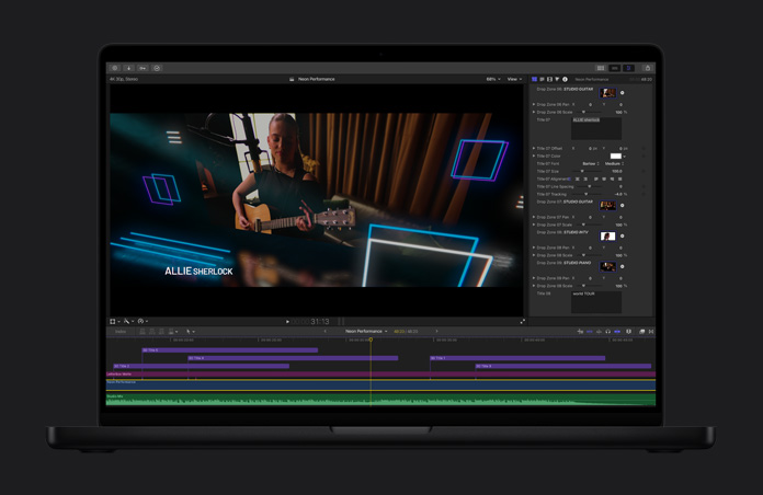 MacBook Pro 16 screen, Final Cut Pro timeline featuring a video clip of a person playing guitar.