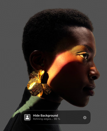 Pixelmator Pro interface with an image of a person's profile, Background Removal tool