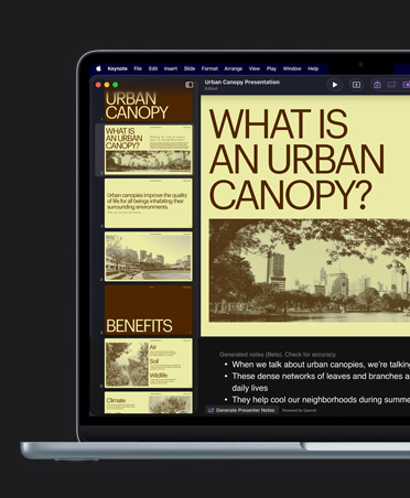MacBook Air 13 screen, Keynote, yellow slide titled Urban Canopy with images of buildings, AI-generated presenter notes below the slide