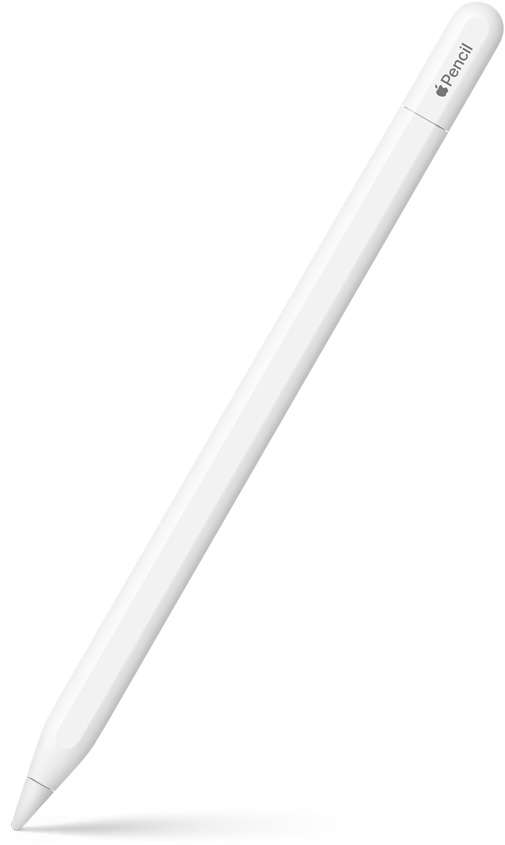 Apple Pencil USB-C 以特定角度打直斜放，筆尖朝下。頂端呈弧形，顯示頂端可滑開來連接 USB-C 連接線的位置。頂端展示 Apple 標誌及產品名稱。筆身底部展現陰影效果。