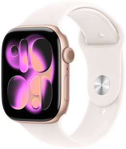 Apple&nbsp;Watch&nbsp;Series&nbsp;11‏ بلون ذهبي وردي وإطار من الألومنيوم، وواجهة الساعة Responsive Art، والجزء الخارجي الأيمن يُظهر التاج الرقمي‏ والميكروفون والزر الجانبي، وحزام رياضي بلون خوخي متورد، ومشبك فضي على شكل مسمار