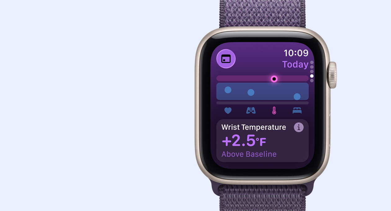 Apple Watch SE 3, aluminum case, starlight color, wrist temperature metrics, right side exterior, Digital Crown, band, Sport Loop, purple fog color
