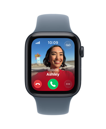 Apple Watch SE 3, корпус з алюмінію, колір «темна ніч», вхідний виклик, фотографія контакту, кнопки прийняття й відхилення виклику, правий бік корпусу, коронка Digital Crown, спортивний ремінець, сталевий синій колір