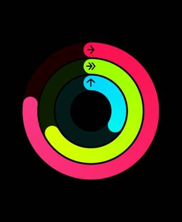 Activity Rings illustration: red, lime green, light blue rings on a circular pathway at various stages of completing the full circle