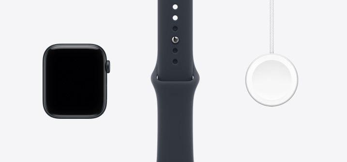 Apple Watch SE 3, boîtier en aluminium, couleur minuit, face avant, écran bord à bord, Bracelet Sport couleur minuit, Câble de charge rapide magnétique vers USB‑C pour Apple Watch