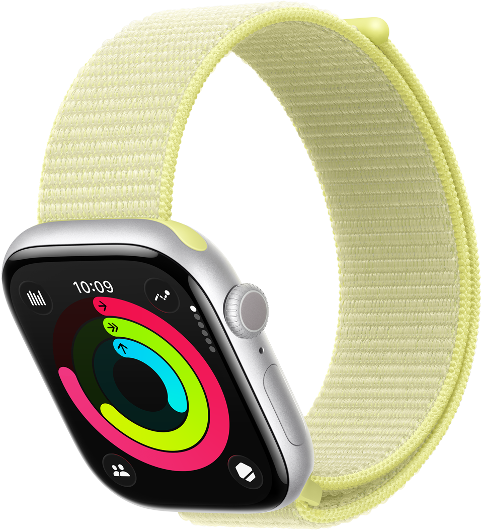 Apple Watch Series 11, strieborná farba, hliníkový kryt, kruhy Aktivity: pohyb, cvičenie, státie, pohľad zvonku na pravú stanu, korunka Digital Crown, bočné tlačidlo, mikrofón, remienok, neónová žltá športová slučka