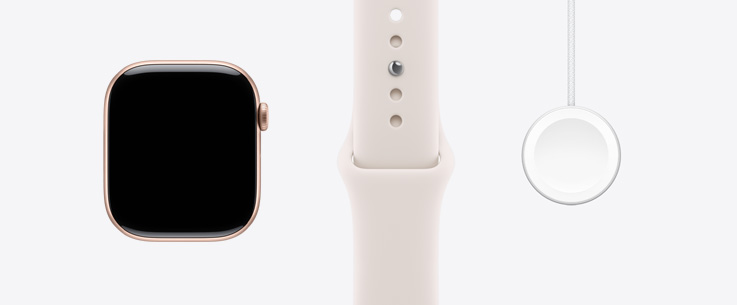 Apple Watch Series 11, алюмінієвий корпус, колір «рожеве золото», вид спереду, дисплей на всю передню панель, спортивний ремінець кольору «легкий рум’янець», кабель USB‑C з магнітним кріпленням для швидкого заряджання Apple Watch