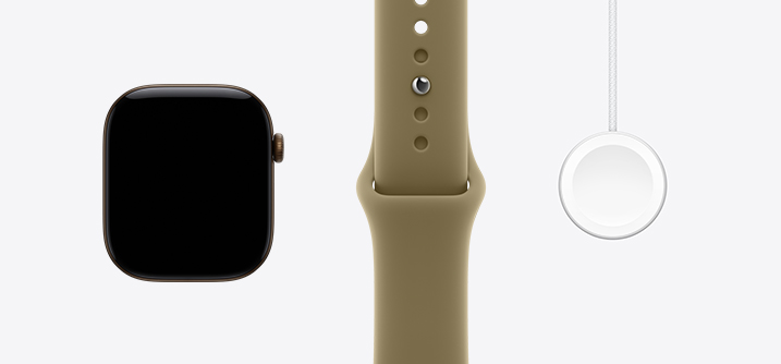 Apple Watch Series 12，深古銅色鋁金屬錶殼，機身正面展示貼邊設計顯示器，配搭橄欖色運動錶帶，Apple Watch 磁力快速充電器至 USB-C 連接線