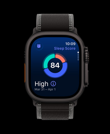 Apple Watch Ultra 3, black color, titanium case, screen shows sleep score circle graph, band, Trail Loop, black/charcoal color