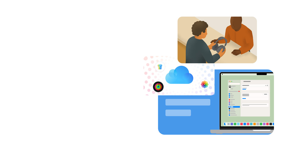 Een gestileerde illustratie van een Apple expert die de koptelefoon van een klant vasthoudt. Daaronder staat een getekend MacBook-scherm met de interface voor systeeminstellingen, omringd door geïllustreerde pictogrammen die Wachtwoorden, iCloud, Apple Fitness en Foto’s voorstellen.