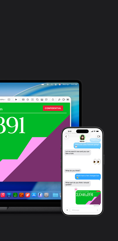 Un Mac muestra una presentación y el fondo de pantalla de macOS Tahoe. Frente al Mac hay un iPhone con la misma presentación en un intercambio de mensajes de texto.