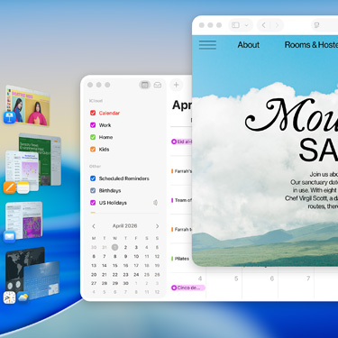 Ekran systemu macOS Tahoe wyświetlający wiele okien i aplikacji, w tym Keynote, Pages, Pocztę i stronę internetową zawierającą treści o spokojnym sanktuarium.