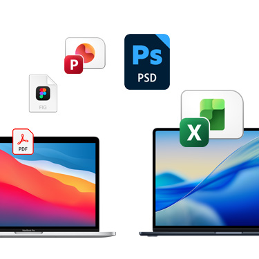 Widok z przodu na dwa stojące obok siebie MacBooki z różnymi kolorowymi tapetami. Nad MacBookami widać ikony plików ułożone w półkole. Wśród ikon plików znajdują się pliki Acrobat, Figma, PowerPoint, Photoshop i Excel.