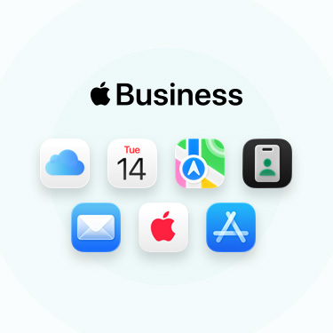 Eine Reihe von Business Apps und Tools, darunter iCloud, Kalender, Karten, Apple Business, Mail, AppleCare und App Store.