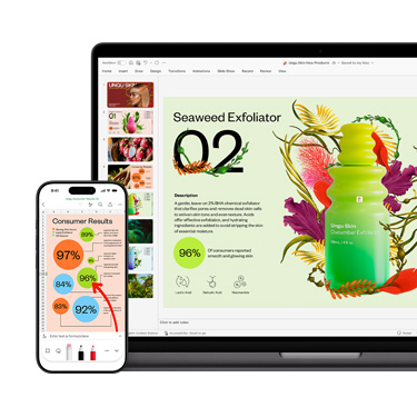Widok z przodu na Maca i iPhone’a, które wyświetlają różne sekcje tej samej barwnej prezentacji poświęconej produktowi do pielęgnacji skóry.