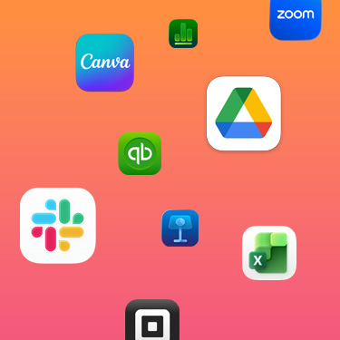 Ikony aplikacji zwiększających produktywność na kolorowym tle, w tym Slack, Canva, Google Workspace, Zoom, QuickBooks, Keynote, Excel, Square i Numbers.