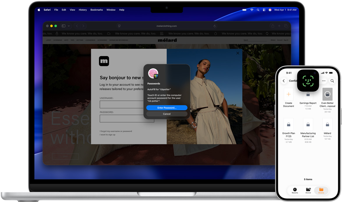 Um MacBook apresenta uma janela do Touch ID e o papel de parede do macOS Tahoe. À sua frente, um iPhone apresenta o ecrã do Face ID.