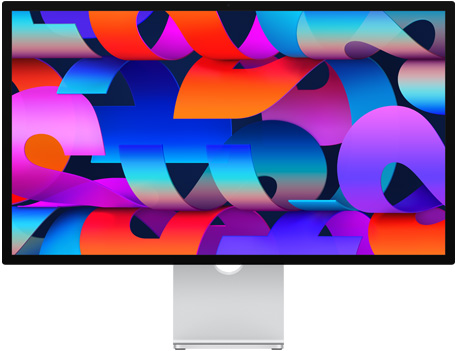 Front of Studio Display with colorful ribbon-like wallpaper