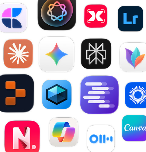 An array of AI app icons, including MindNode, Adobe Lightroom, Claude and Google Gemini