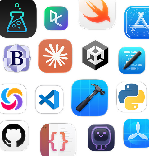 An array of coding app icons, including Unity Editor, DataCamp, Swift Playground and Apple Developer.