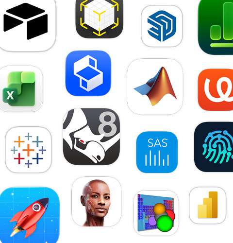 An array of STEM app icons, including Shapr3D, MATLAB, uMake and Tableau.