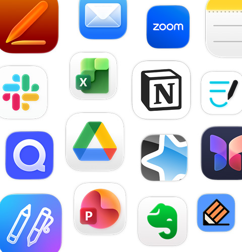 An array of productivity app icons, including Google Drive, Evernote, Slack and Quizlet