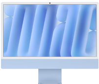 iMac, front view, blue, camera at top centre, displaying blue abstract wallpaper.