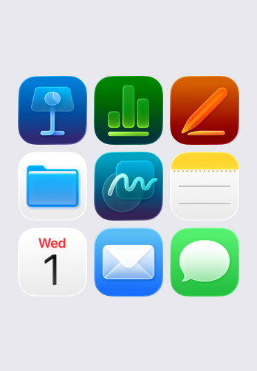 Apple app icons, arranged in a 3x3 grid, including: Keynote, Numbers, Pages, Files, Notes and Calendar.