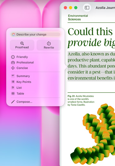 An article in Pages, featuring an Apple Intelligence prompt with options to summarise the highlighted text, make it more concise and more.