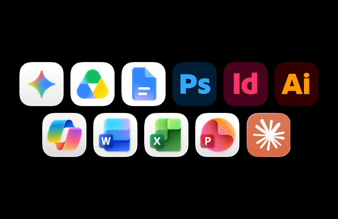 Rij met symbolen voor Google Gemini, Google Drive, Google Docs, Adobe Photoshop, Adobe InDesign, Adobe Illustrator, Microsoft Copilot, Microsoft Word, Microsoft Excel, Microsoft Powerpoint, Claude