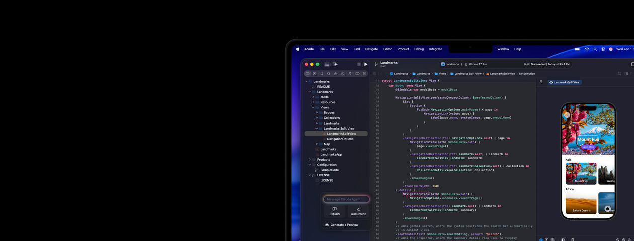 Xcode ejecutándose en un Mac, con el asistente de programación con IA Claude Agent y una vista previa de una app en un iPhone