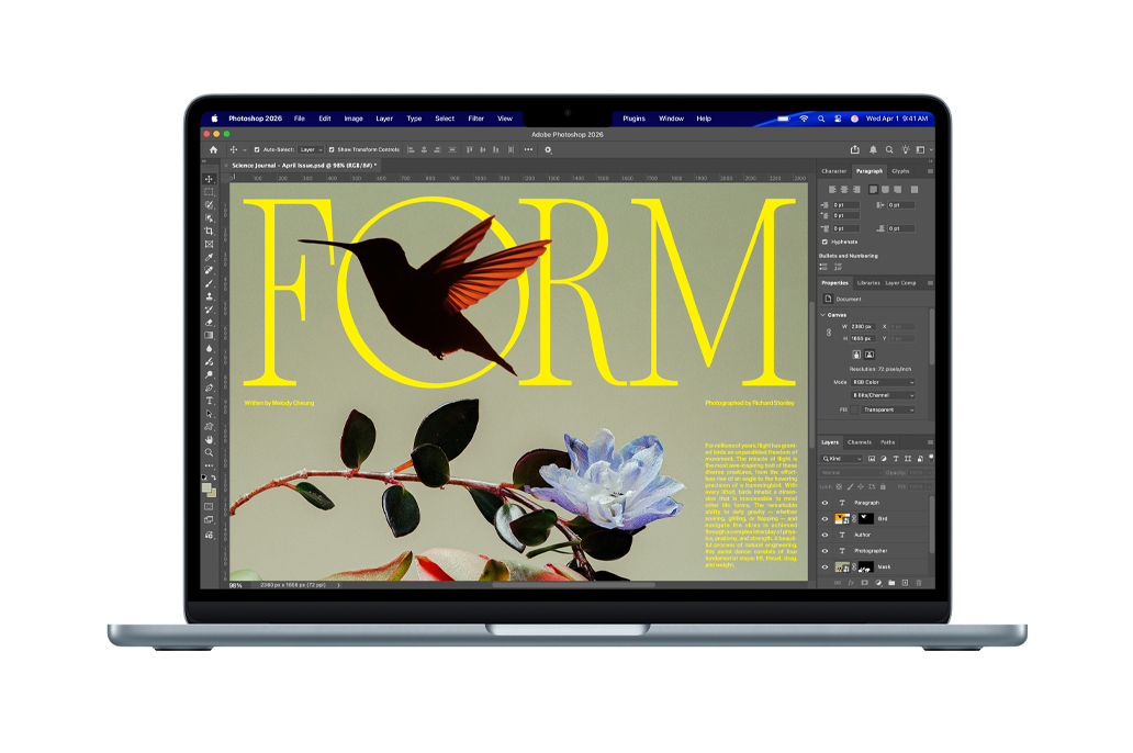 Een ontwerp voor de omslag van een wetenschappelijk tijdschrift in Adobe Photoshop op MacBook Air