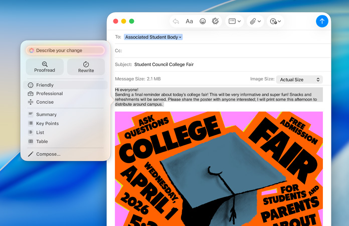 Un email sobre una feria universitaria en Mail en un Mac, con las Herramientas de Escritura de Apple Intelligence abiertas y opciones para revisar o ajustar el tono